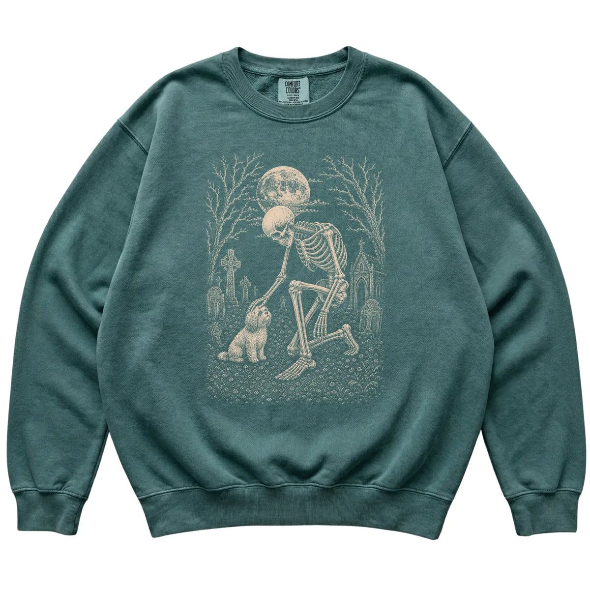 Skeleton petting a Havanese in a graveyard on a Blue Spruce sweatshirt