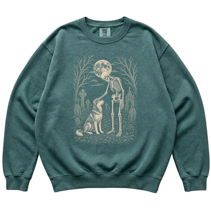 Skeleton petting a Husky in a graveyard on a Blue Spruce sweatshirt