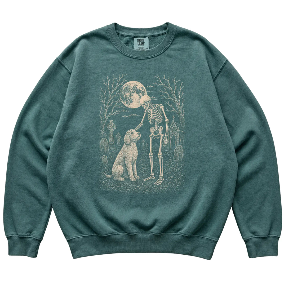 Skeleton petting a Labradoodle in a graveyard on a Blue Spruce sweatshirt