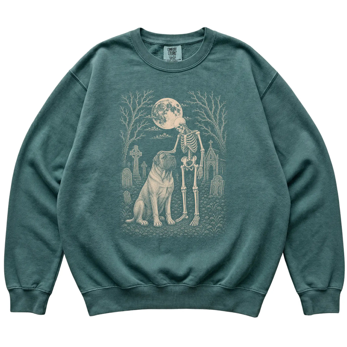 Skeleton petting a Mastiff in a graveyard on a Blue Spruce sweatshirt