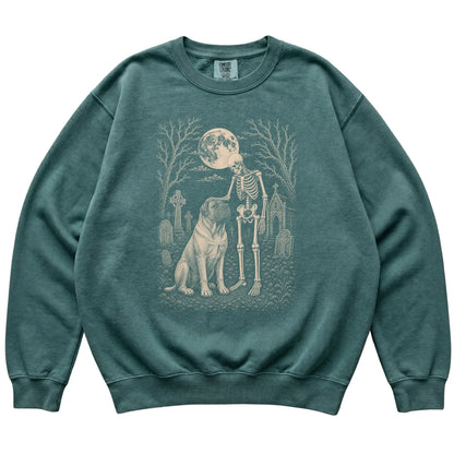 Skeleton petting a Mastiff in a graveyard on a Blue Spruce sweatshirt