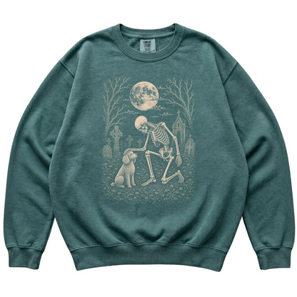 Skeleton petting a Poodle in a graveyard on a Blue Spruce sweatshirt