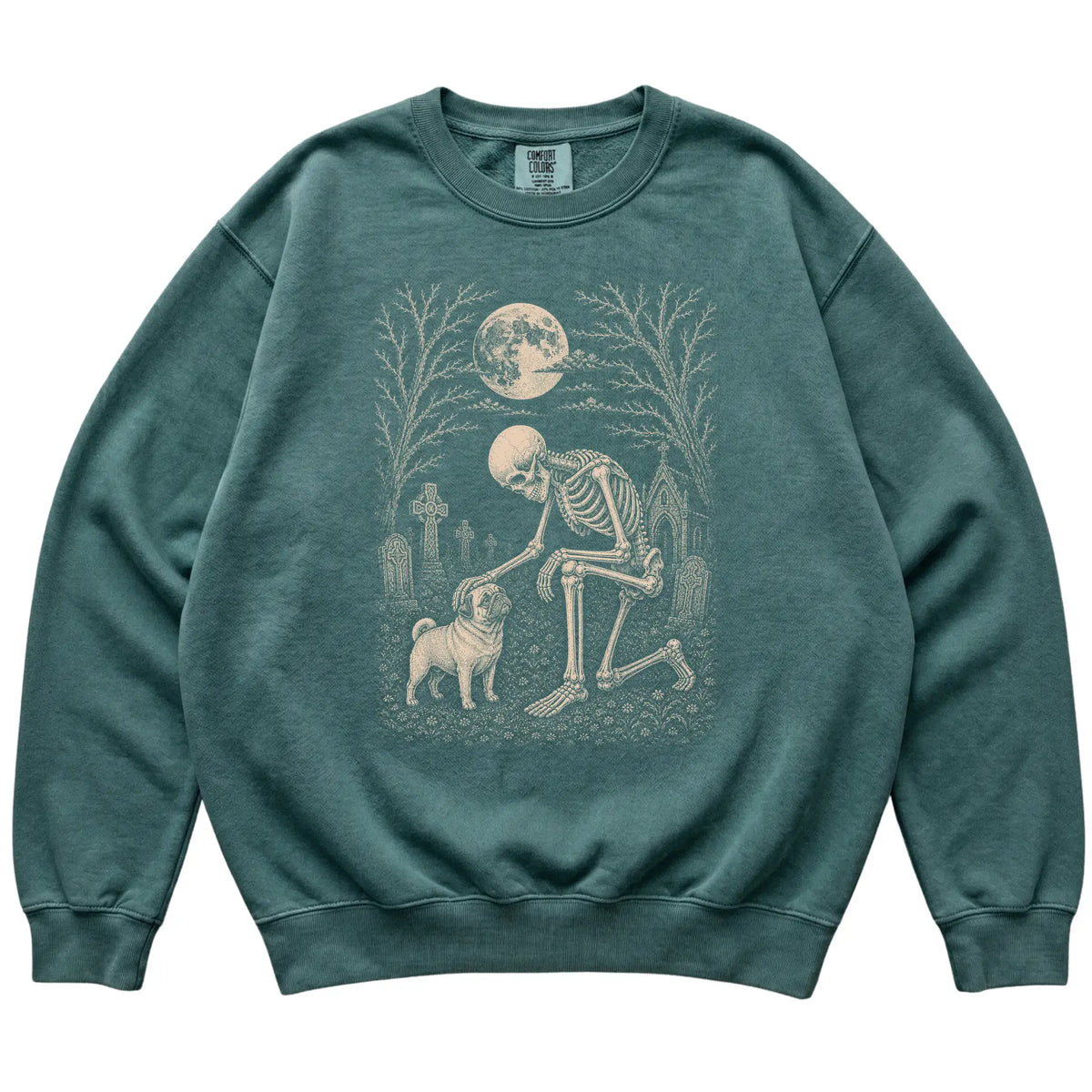 Skeleton petting a Pug in a graveyard on a Blue Spruce sweatshirt