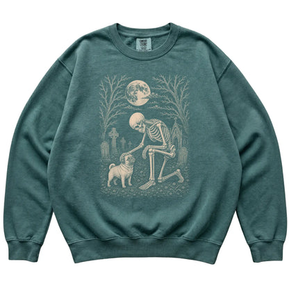 Skeleton petting a Pug in a graveyard on a Blue Spruce sweatshirt