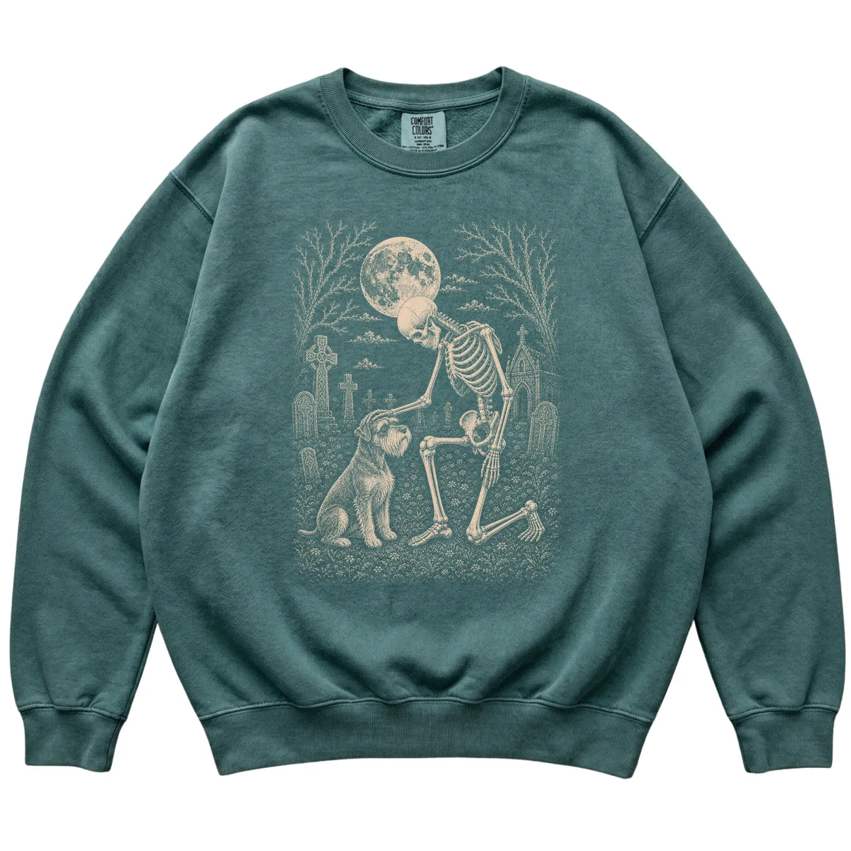 Skeleton petting a Schnauzer in a graveyard on a Blue Spruce sweatshirt