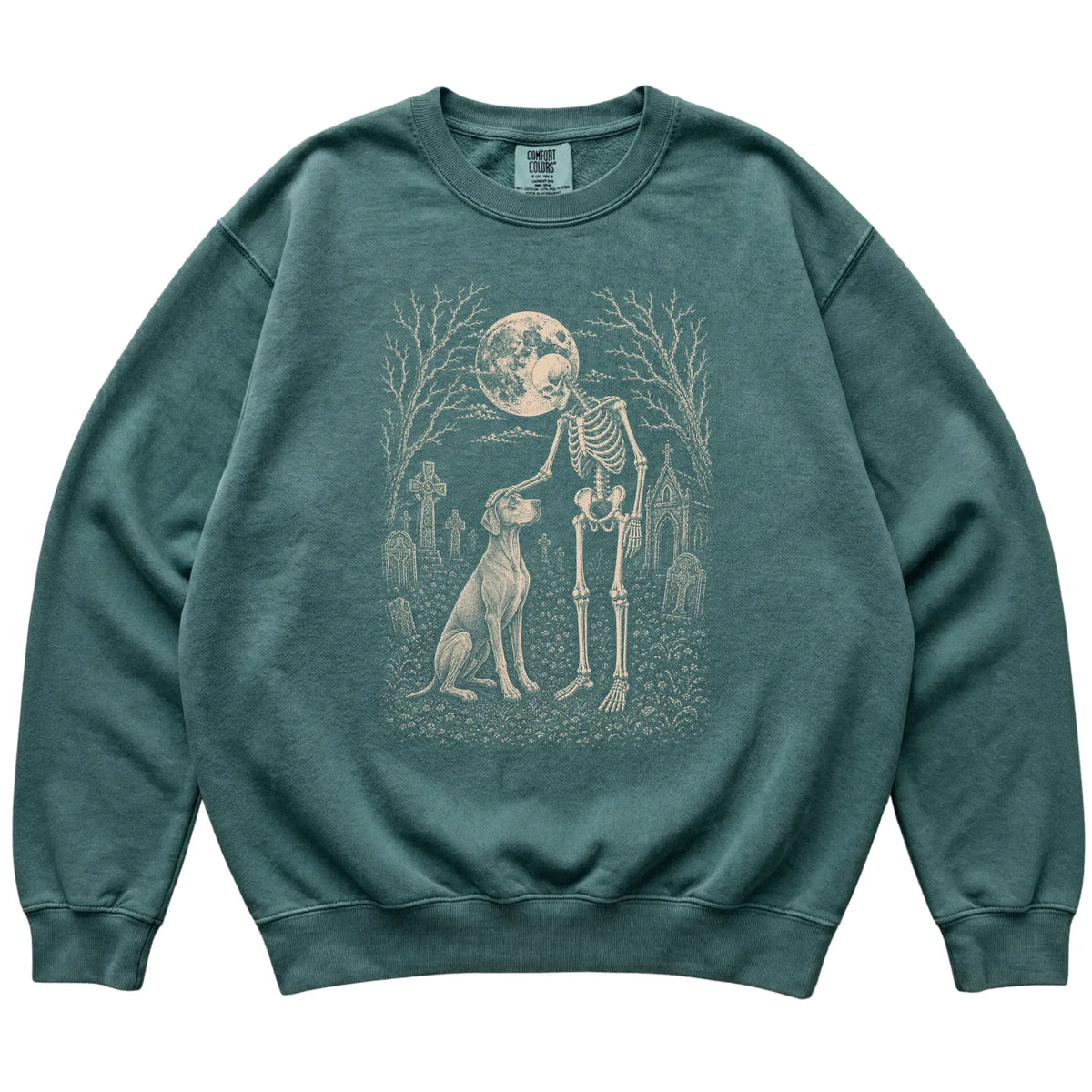 Skeleton petting a Vizsla in a graveyard on a Blue Spruce sweatshirt