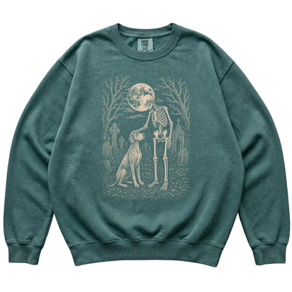Skeleton petting a Vizsla in a graveyard on a Blue Spruce sweatshirt