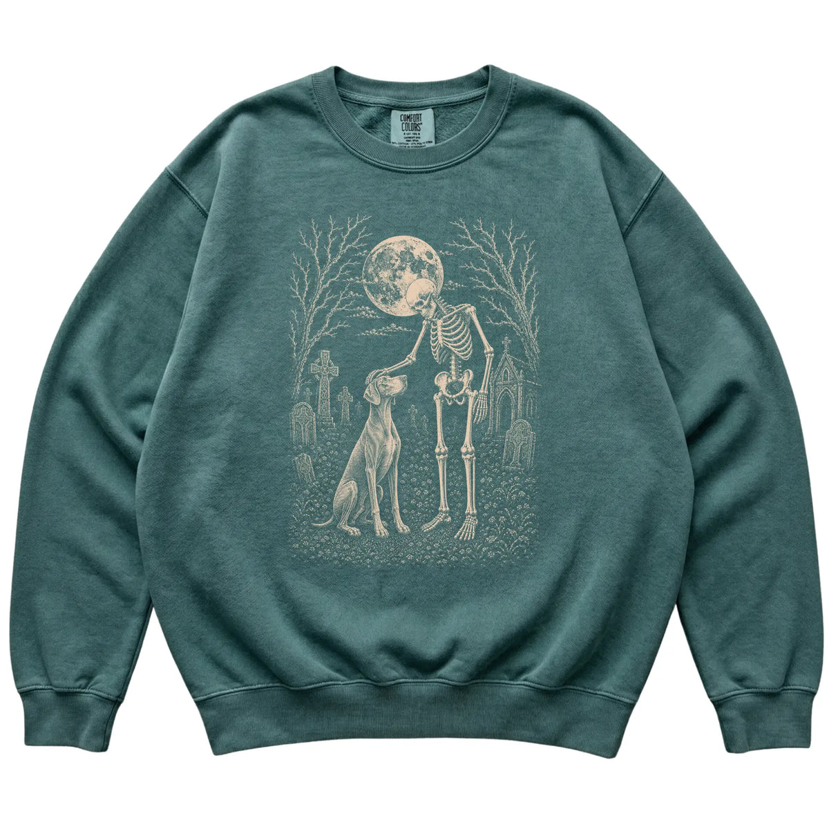 Skeleton petting a Weimaraner in a graveyard on a Blue Spruce sweatshirt