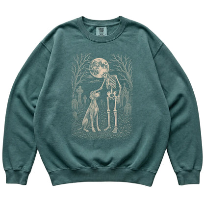 Skeleton petting a Weimaraner in a graveyard on a Blue Spruce sweatshirt
