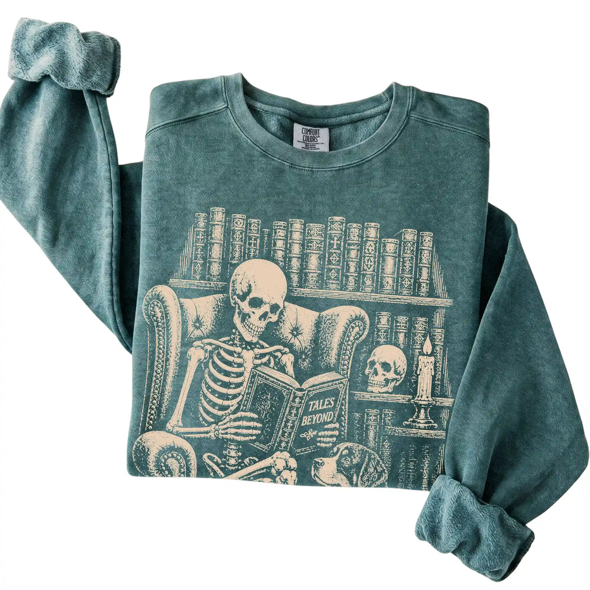 Folded Blue Spruce sweatshirt with a skeleton reading Tales Beyond to a Bernese Mountain Dog