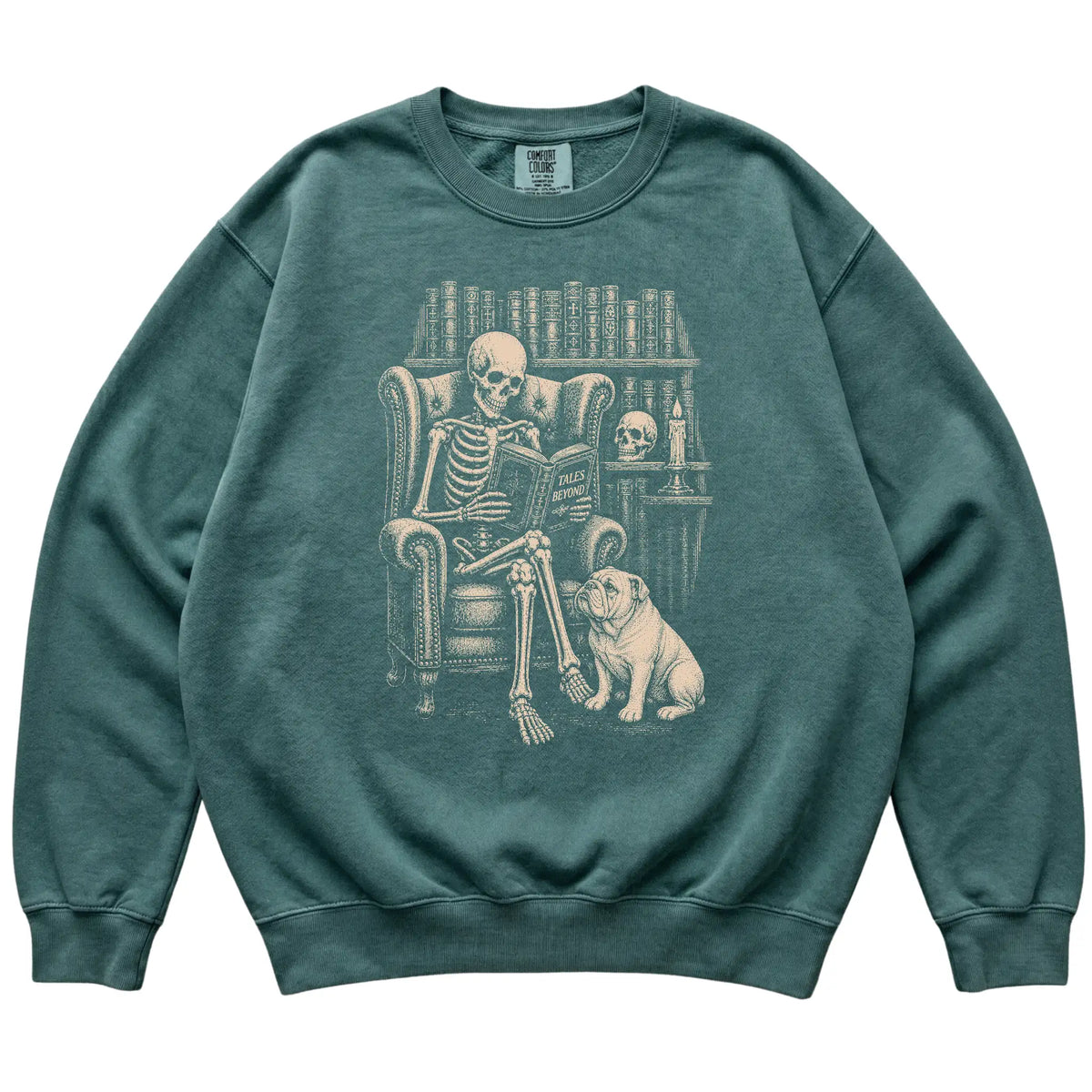 Skeleton reading Tales Beyond to a Bulldog on a Blue Spruce sweatshirt