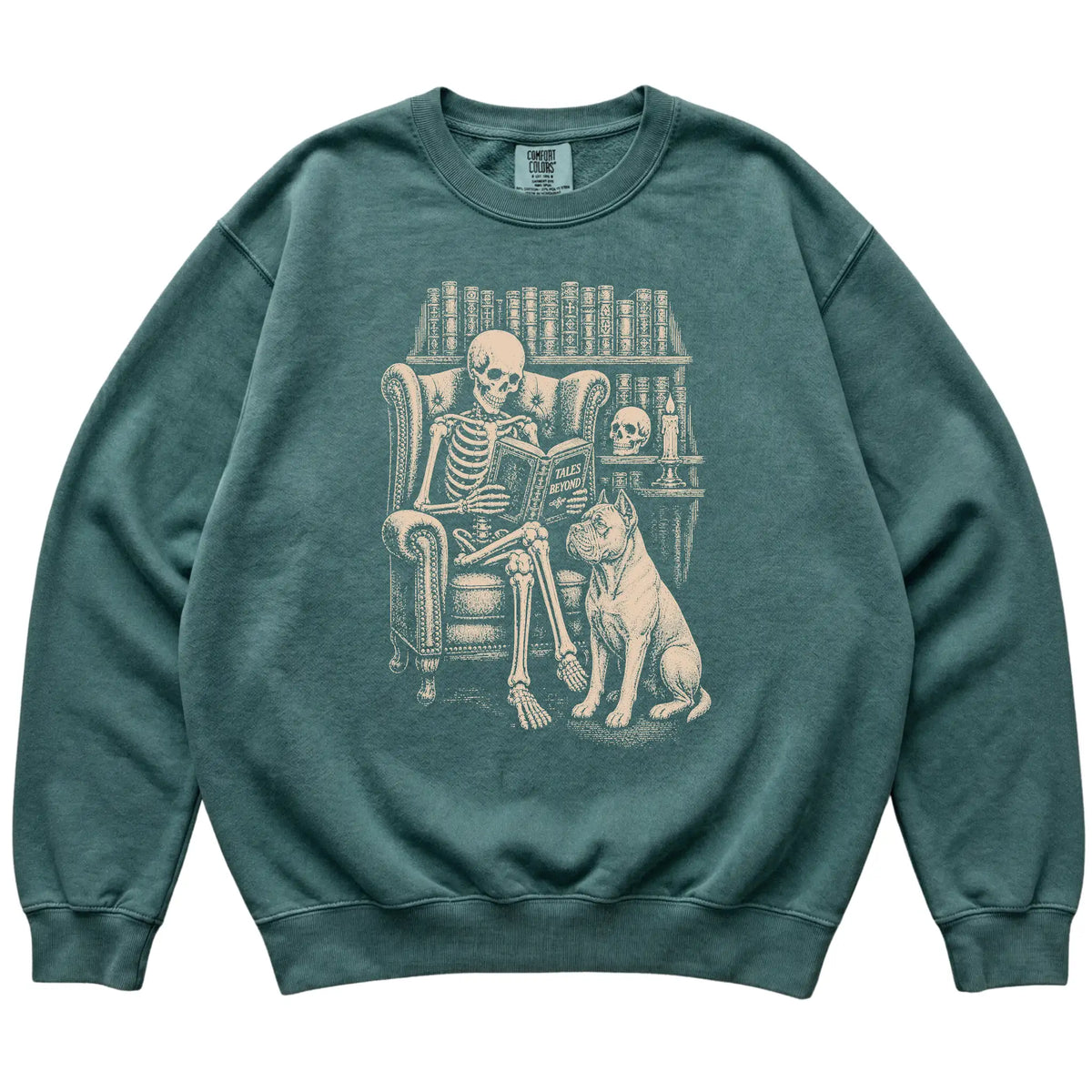 Skeleton reading Tales Beyond to a Cane Corso on a Blue Spruce sweatshirt