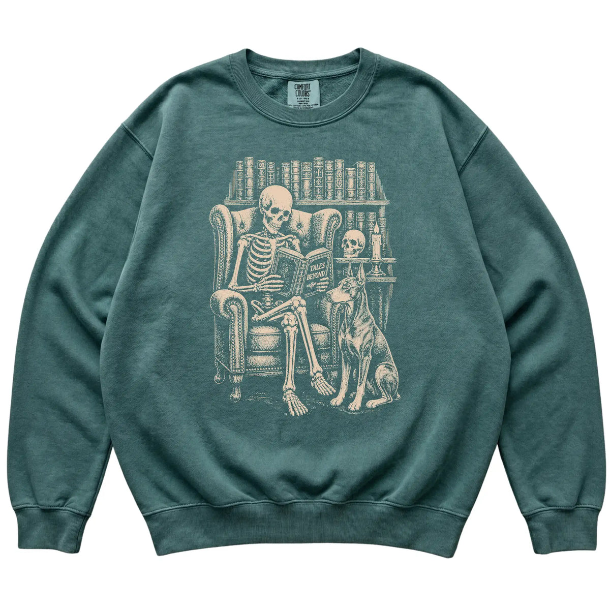 Skeleton reading Tales Beyond to a Doberman on a Blue Spruce sweatshirt