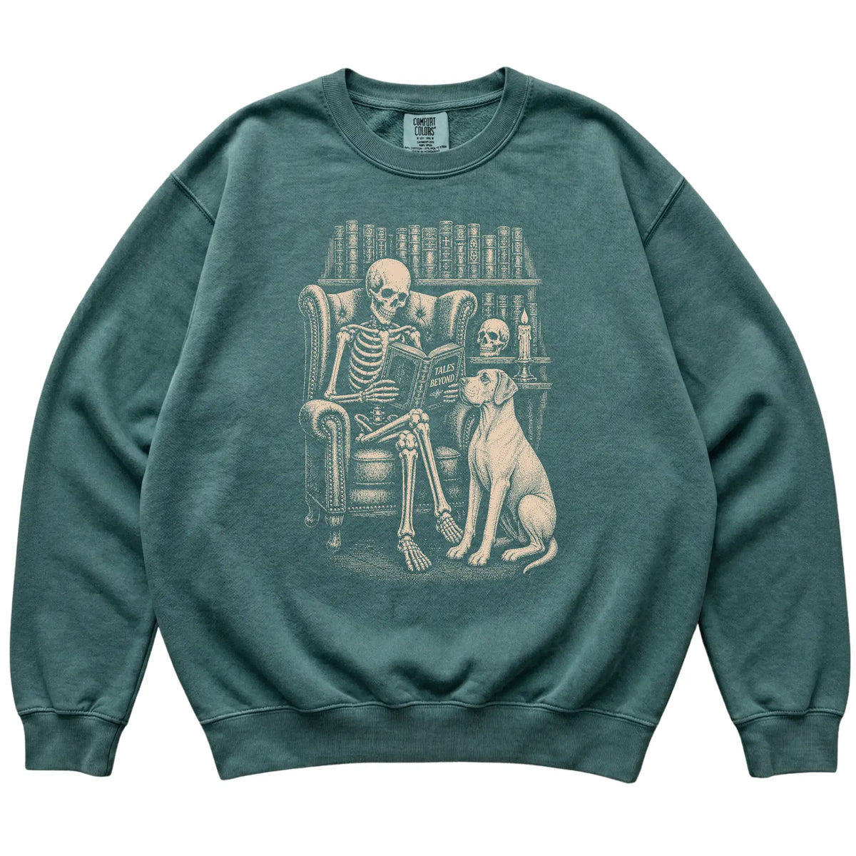 Skeleton reading Tales Beyond to a Great Dane on a Blue Spruce sweatshirt