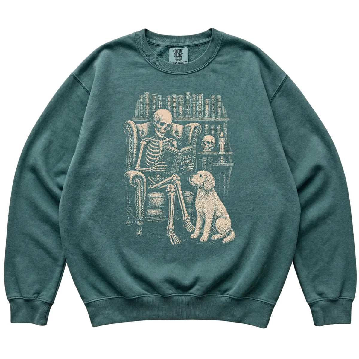 Skeleton reading Tales Beyond to a Labradoodle on a Blue Spruce sweatshirt