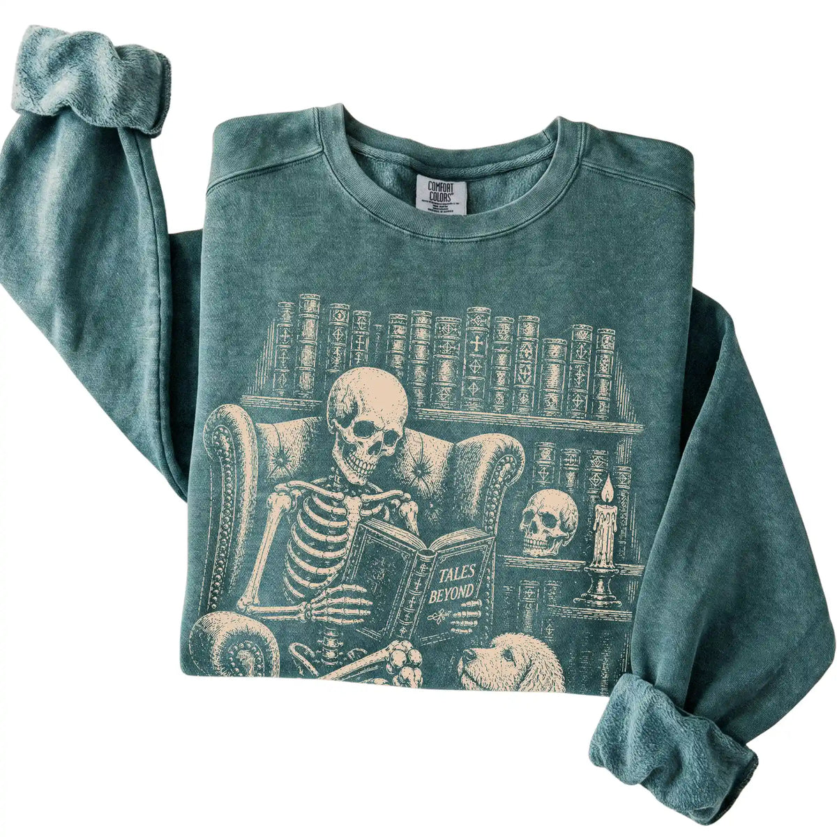 Folded Blue Spruce sweatshirt with a skeleton reading Tales Beyond to a Labradoodle