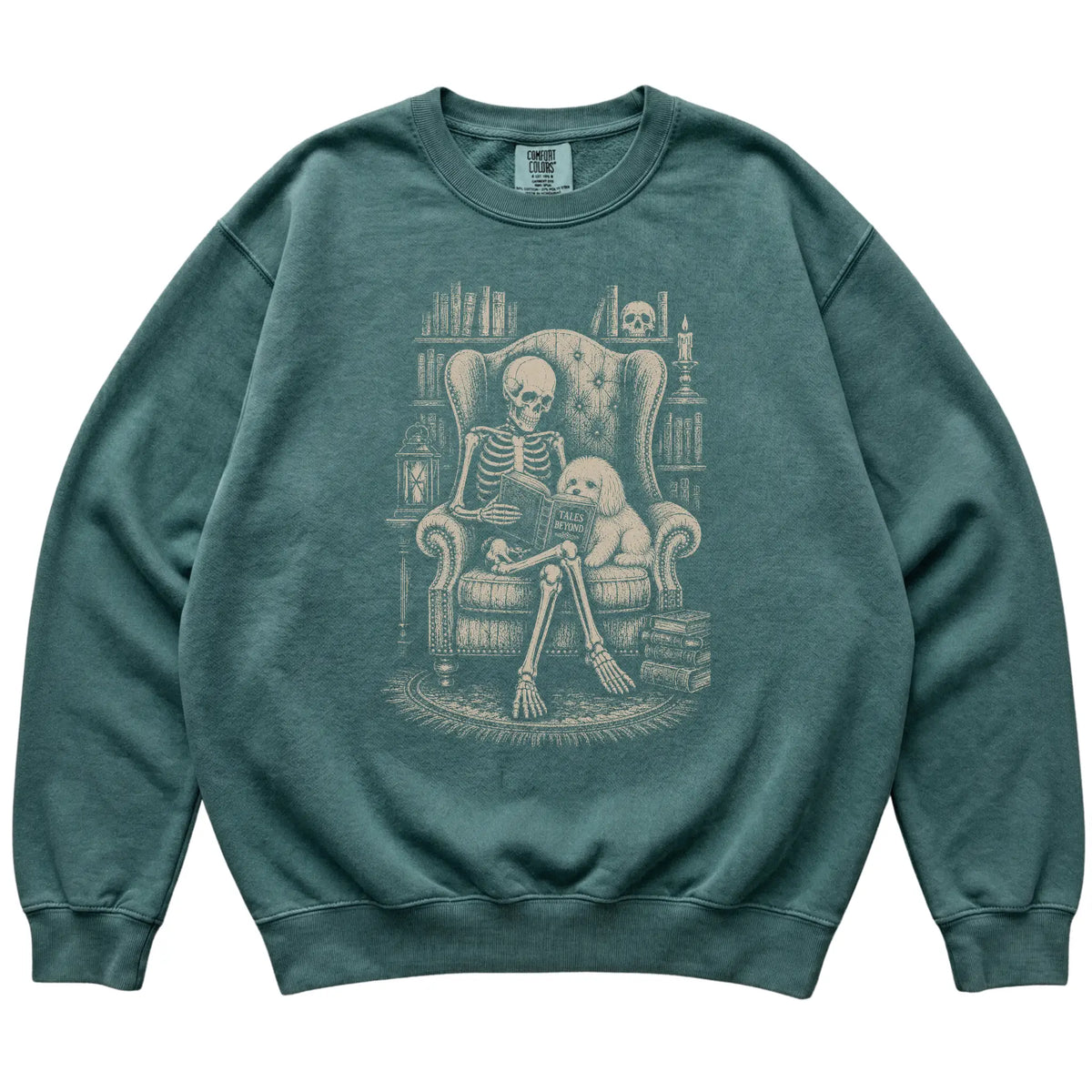 Skeleton reading Tales Beyond to a Maltese on a Blue Spruce sweatshirt