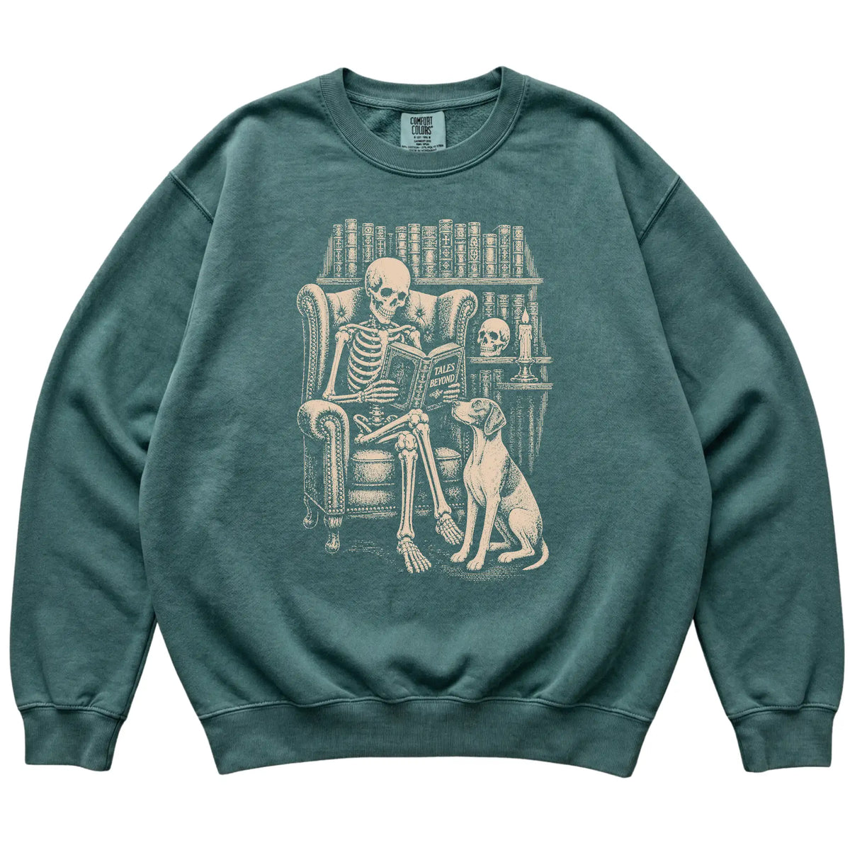 Skeleton reading Tales Beyond to a Pointer on a Blue Spruce sweatshirt