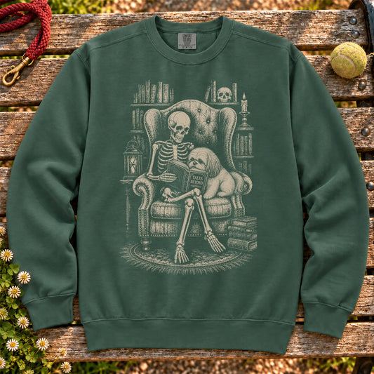 Shih Tzu Skeleton Reading Book on a Blue Spruce crewneck sweatshirt, shown flat