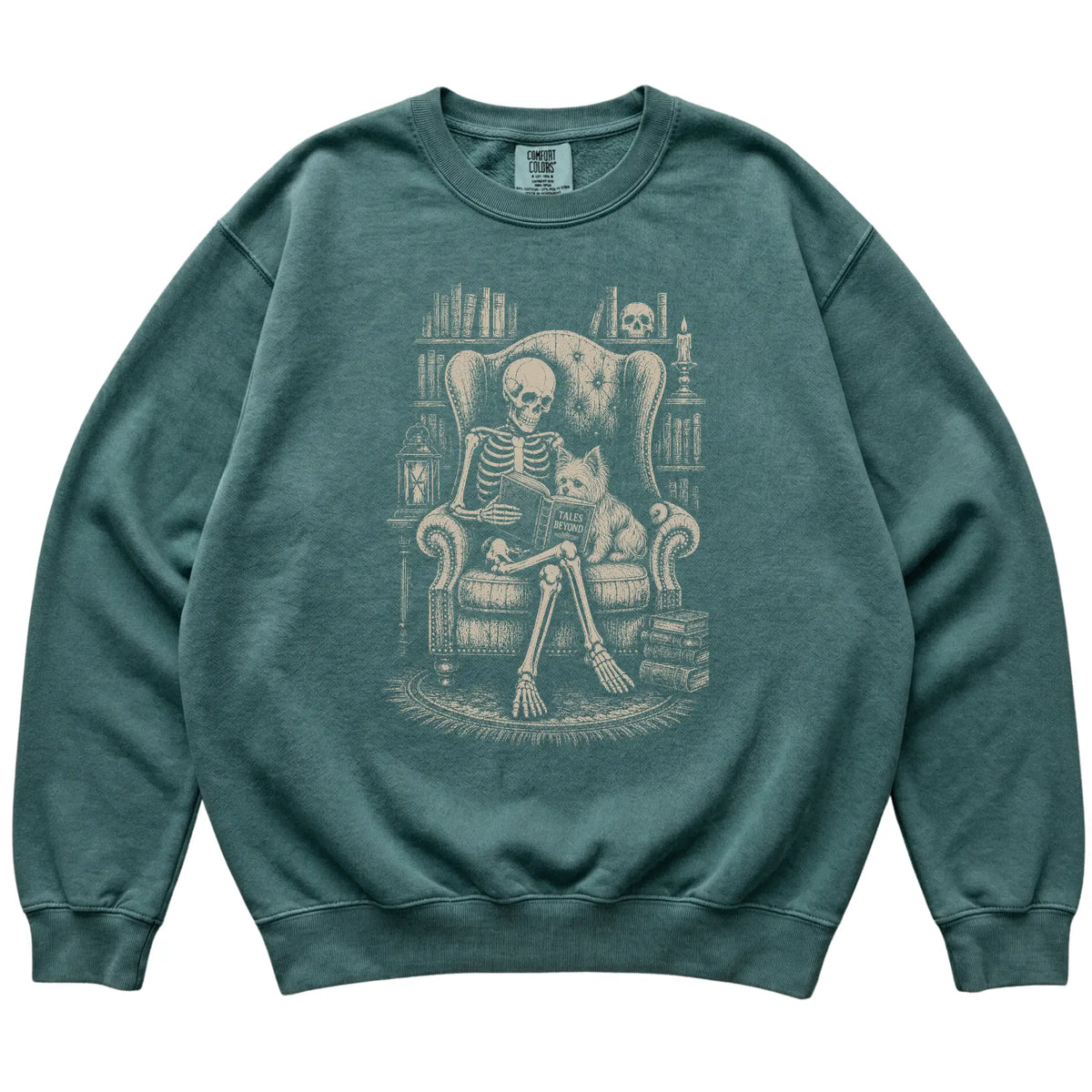 Skeleton reading Tales Beyond to a Yorkie on a Blue Spruce sweatshirt