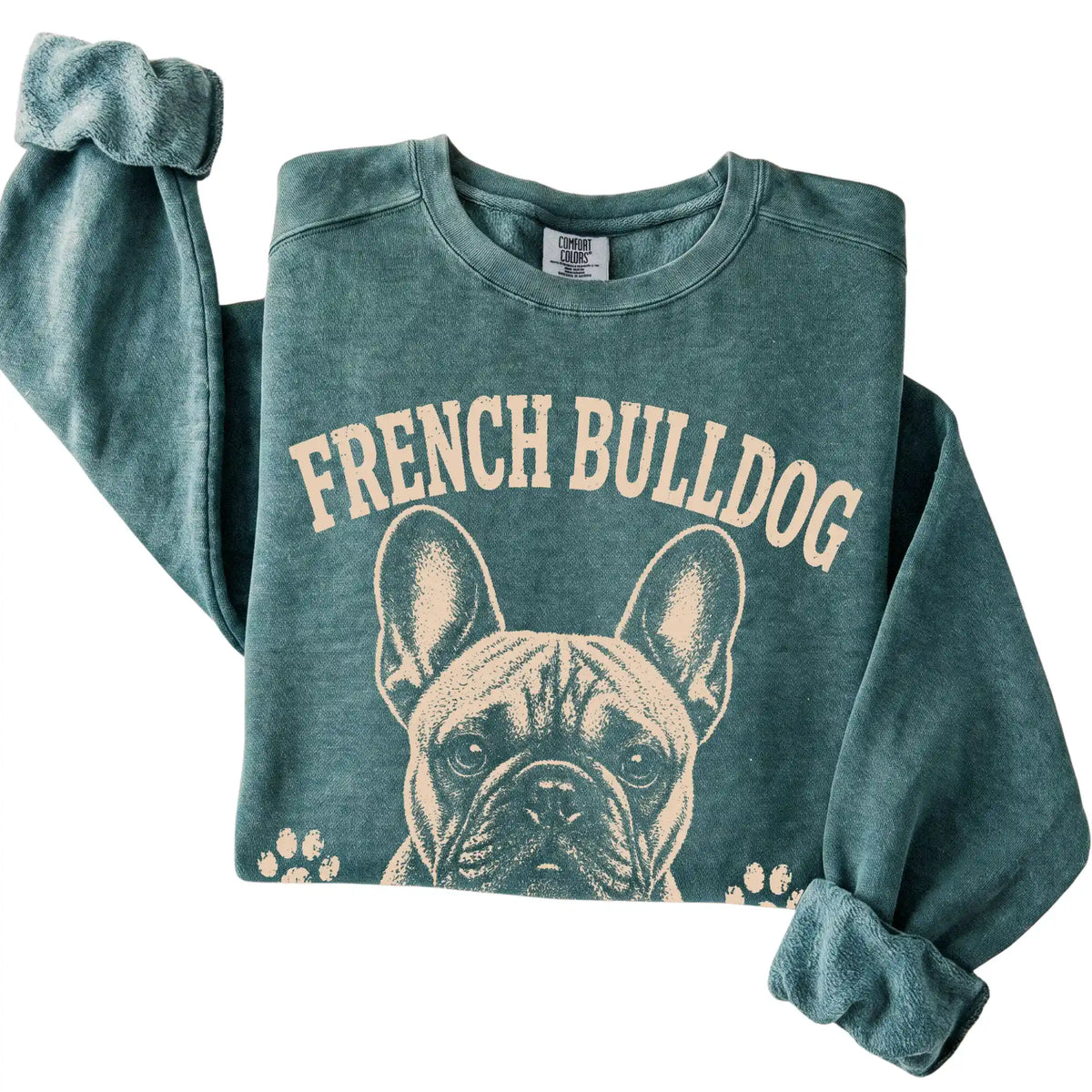 Blue Spruce Comfort Colors® sweatshirt featuring Small Frame, Main Character Energy - French Bulldog, folded presentation