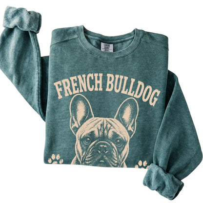 Blue Spruce Comfort Colors® sweatshirt featuring Small Frame, Main Character Energy - French Bulldog, folded presentation