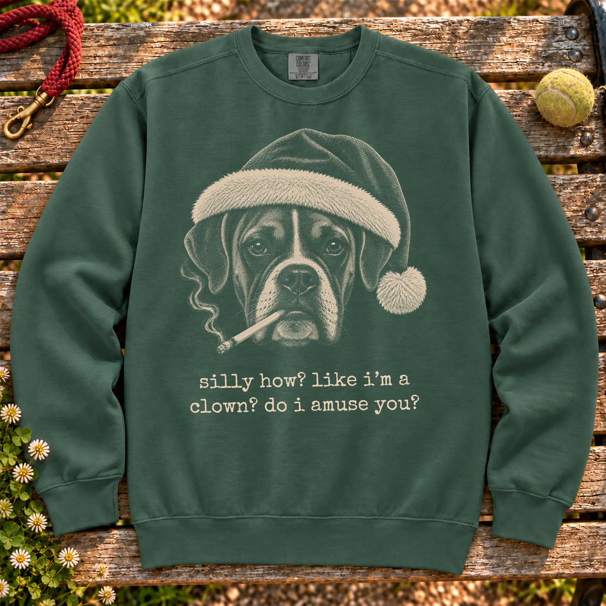 Boxer wearing a Santa hat and smoking on a Blue Spruce sweatshirt