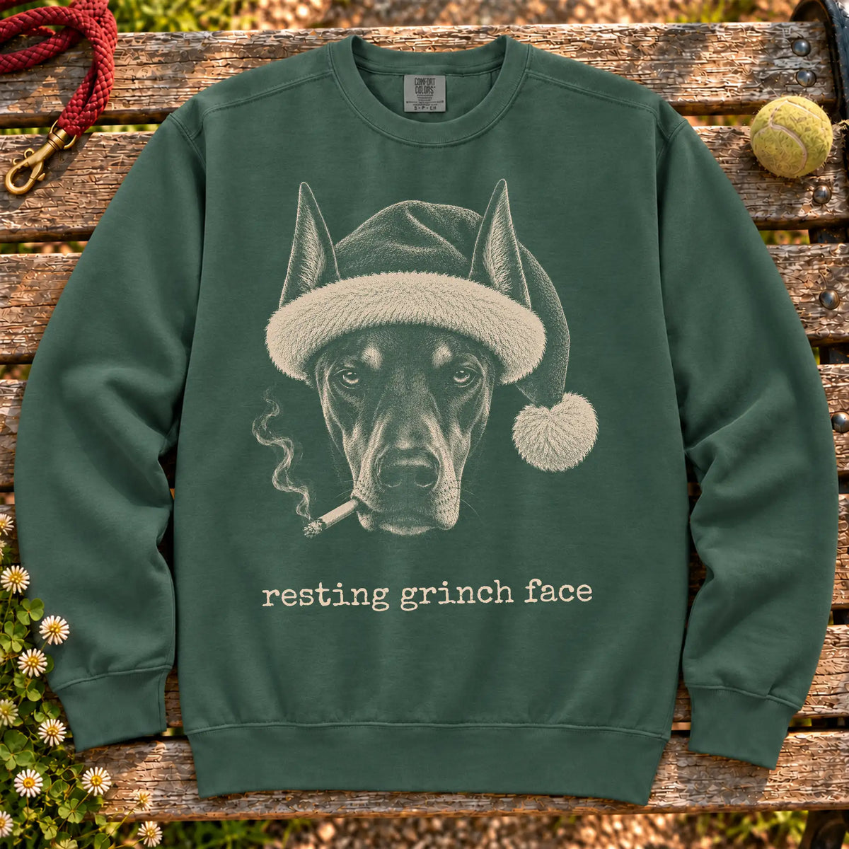 Doberman wearing a Santa hat and smoking on a Blue Spruce sweatshirt