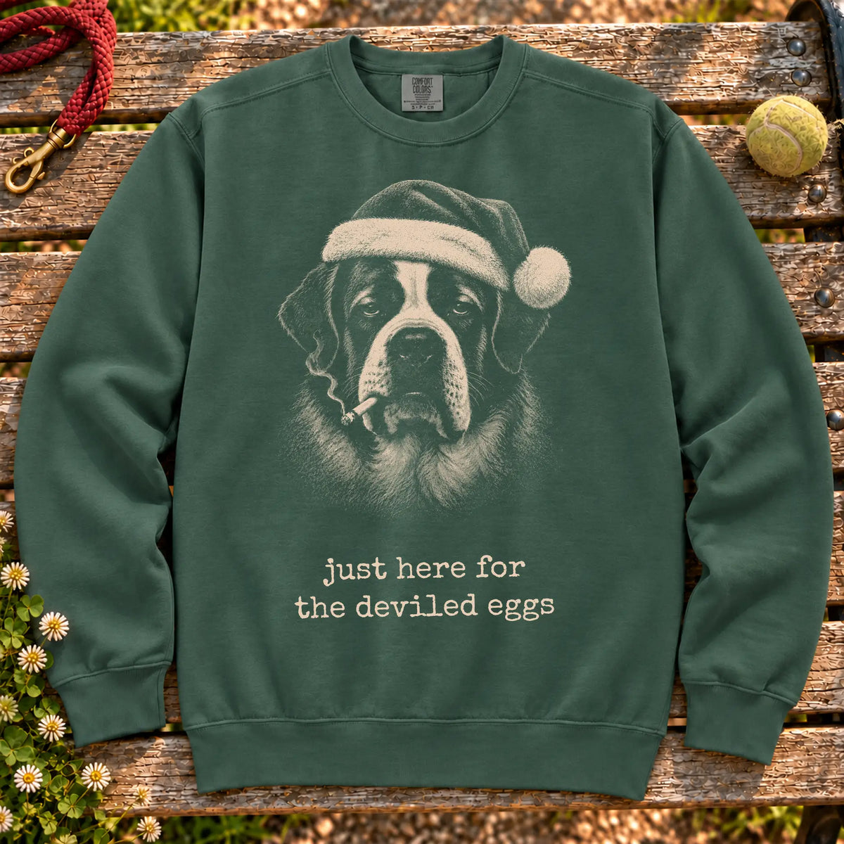 St Bernard wearing a Santa hat and smoking on a Blue Spruce sweatshirt