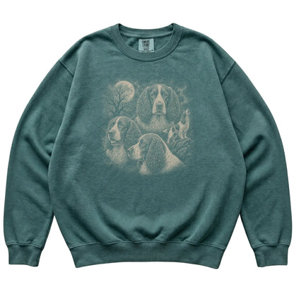 Springer Spaniel 90s Moon Sweatshirt in Blue Spruce — flat lay