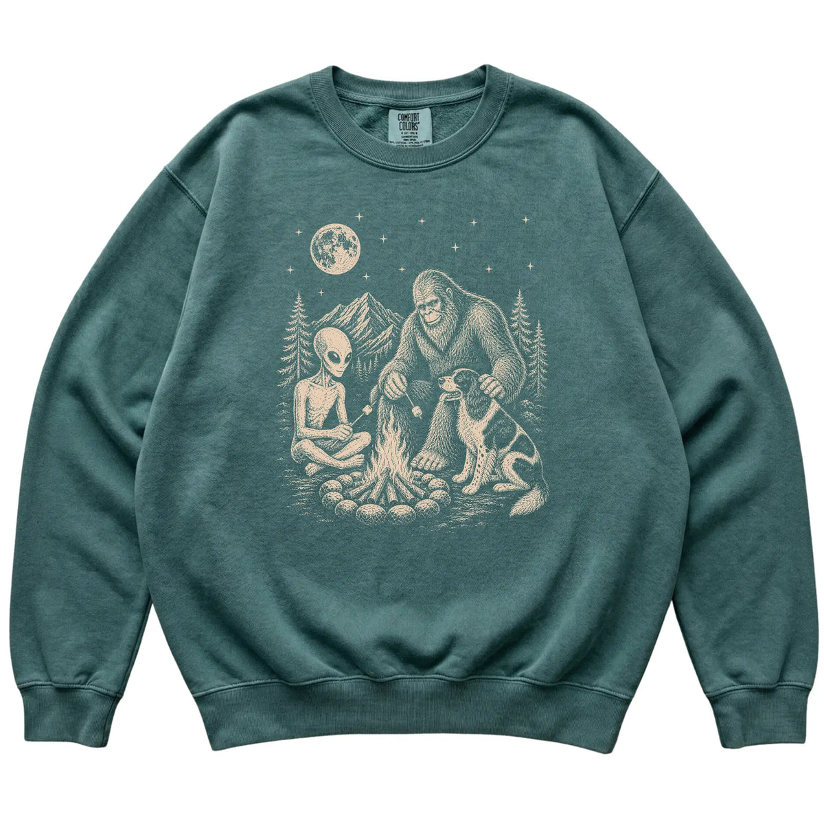 Blue Spruce Springer Spaniel Camping with Bigfoot and Alien shirt laid flat