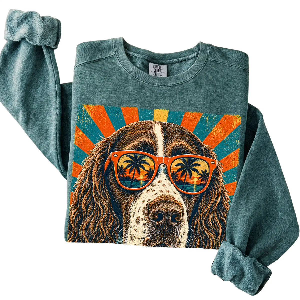 Folded Blue Spruce Comfort Colors sweatshirt with a Retro Springer Spaniel Dad design