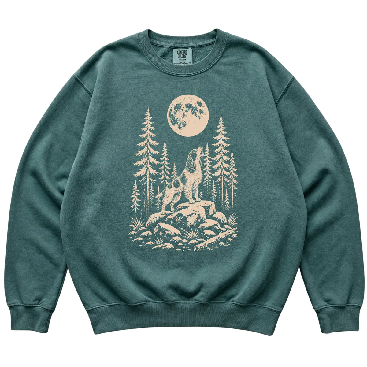 Close view of Springer Spaniel Howling at the Moon artwork on Blue Spruce Comfort Colors sweatshirt