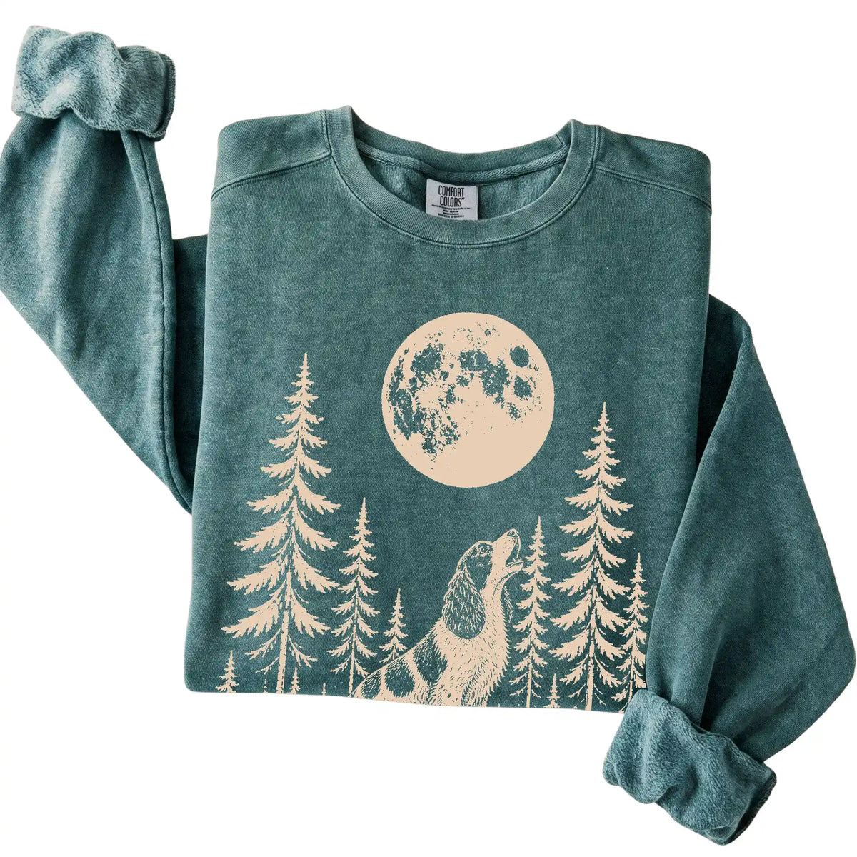 Springer Spaniel Howling at the Moon Comfort Colors sweatshirt in Blue Spruce