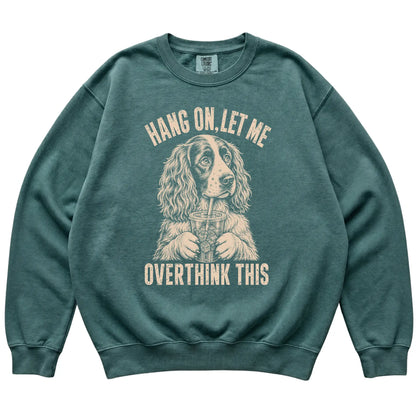 Blue Spruce Comfort Colors sweatshirt featuring Springer Spaniel Iced Coffee Overthink, laid-flat presentation