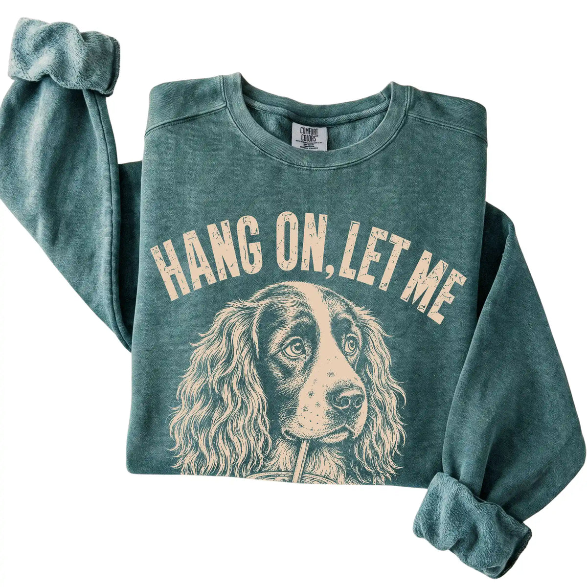 Blue Spruce Comfort Colors sweatshirt featuring Springer Spaniel Iced Coffee Overthink, folded presentation