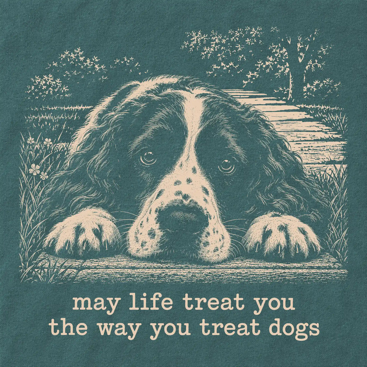 Springer Spaniel Karma Comfort Colors sweatshirt in Blue Spruce — Design Detail