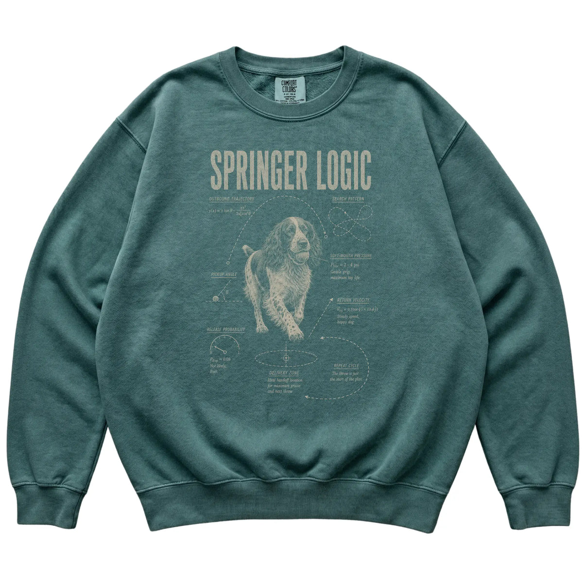 Blue Spruce Springer Spaniel Logic T-Shirt laid flat