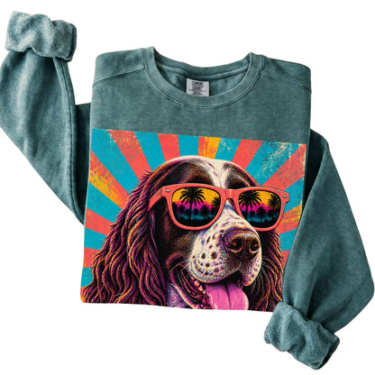 Folded Blue Spruce Comfort Colors sweatshirt with a Retro Springer Spaniel Mama design