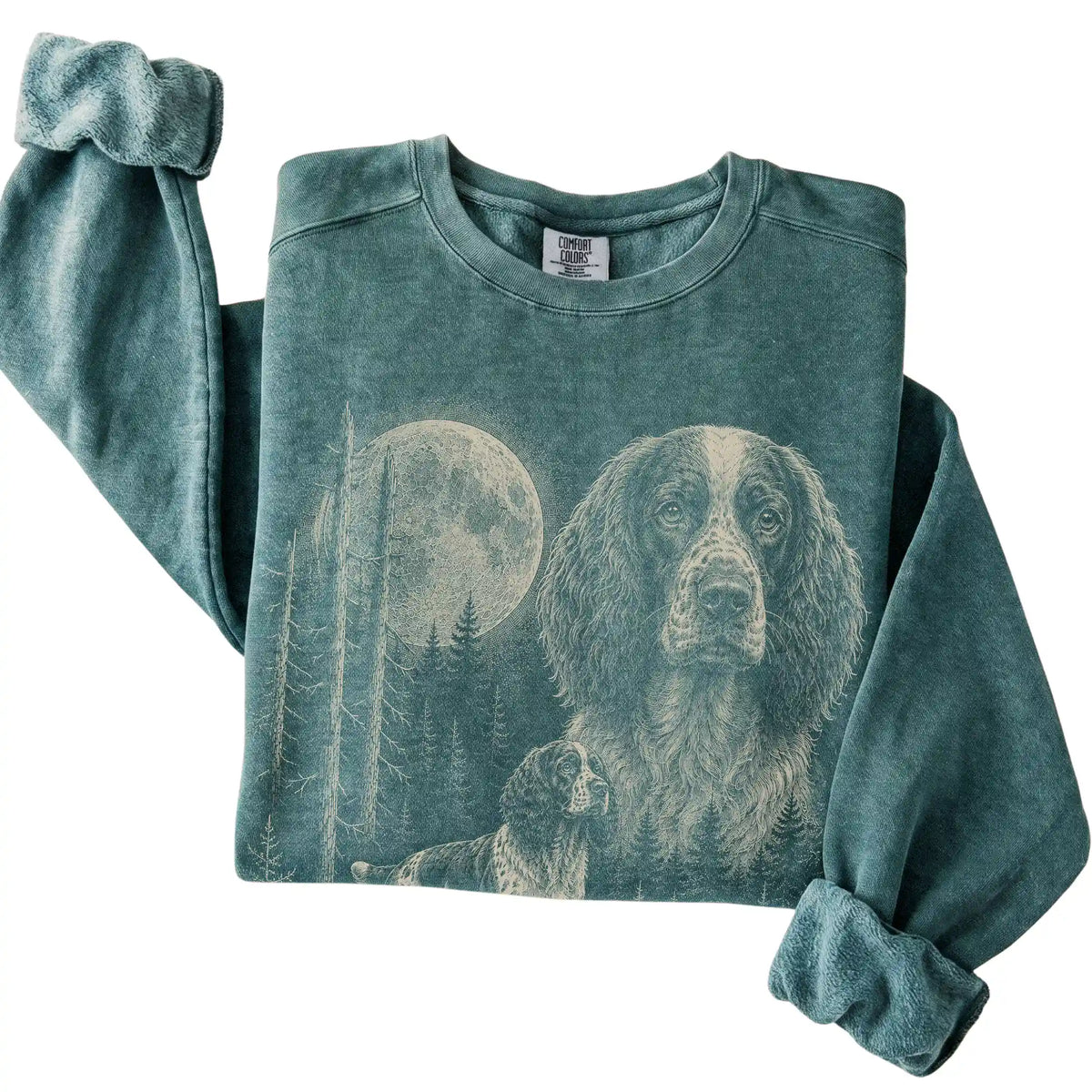 Blue Spruce Springer Spaniel Moonlit Forest Comfort Colors sweatshirt, folded view