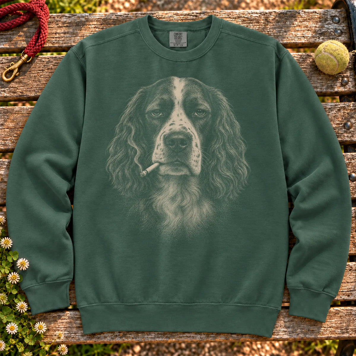 Springer Spaniel smoking design on a Blue Spruce sweatshirt