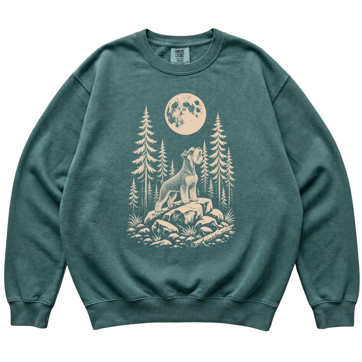 Close view of Standard Schnauzer Howling at the Moon artwork on Blue Spruce Comfort Colors sweatshirt