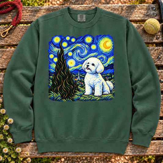 Colorful Bichon Frise beneath a swirling starry night sky on a Blue Spruce sweatshirt