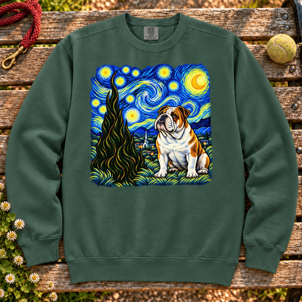 Colorful English Bulldog beneath a swirling starry night sky on a Blue Spruce sweatshirt