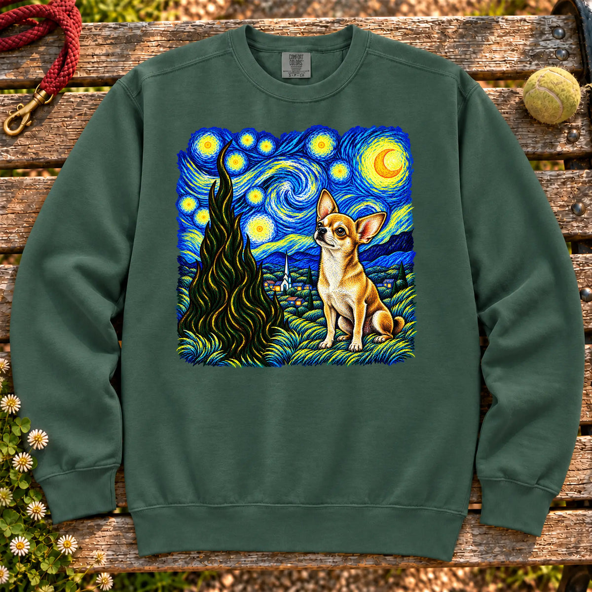 Colorful Chihuahua beneath a swirling starry night sky on a Blue Spruce sweatshirt