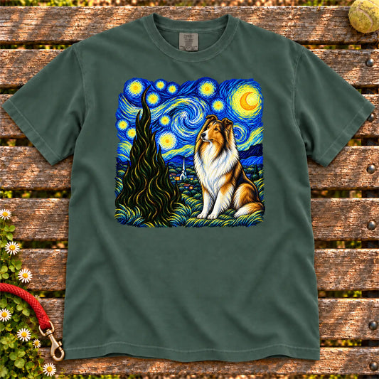Colorful Collie beneath a swirling starry night sky on a Blue Spruce T-shirt