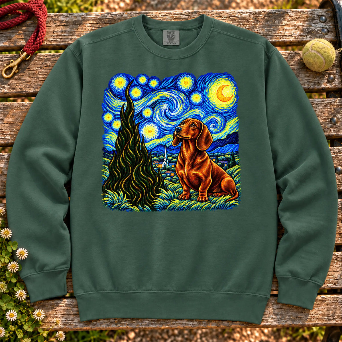 Colorful Dachshund beneath a swirling starry night sky on a Blue Spruce sweatshirt