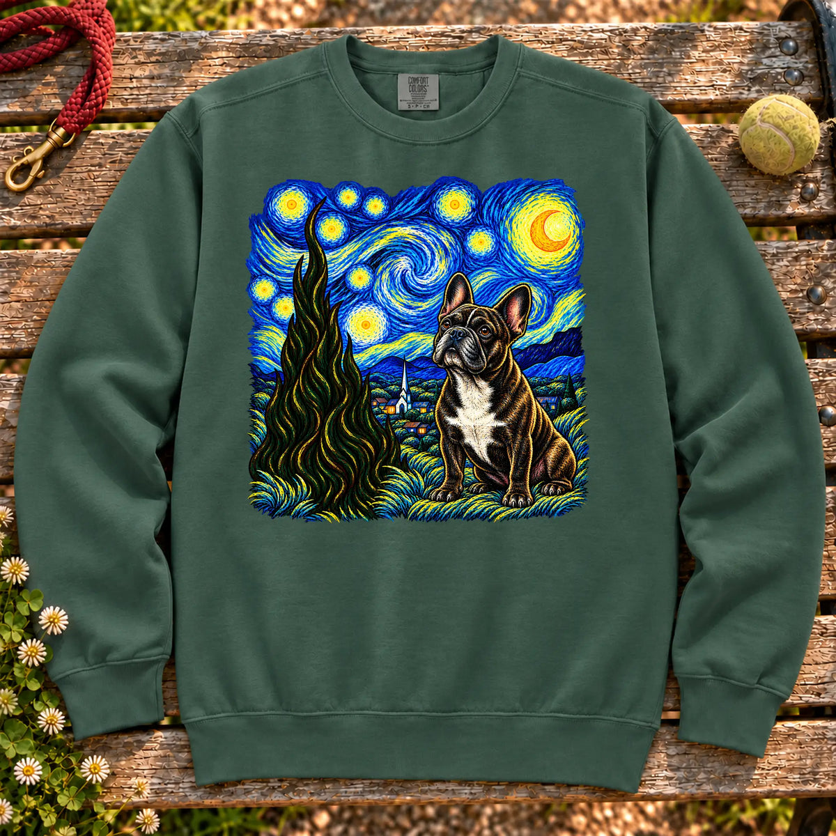Colorful French Bulldog beneath a swirling starry night sky on a Blue Spruce sweatshirt