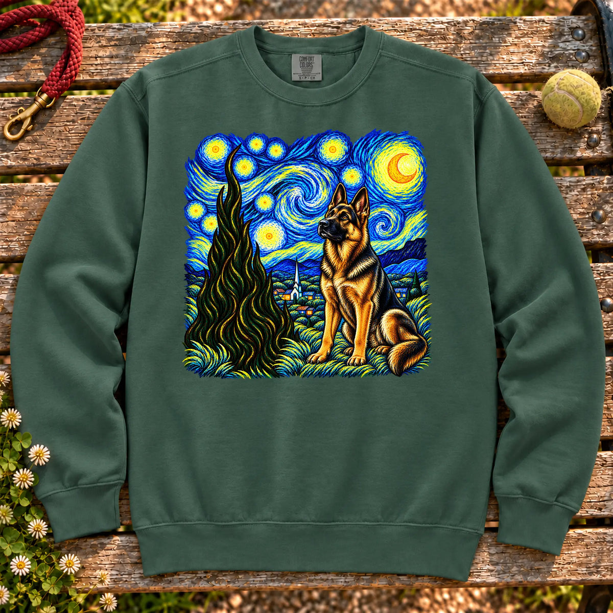 Colorful German Shepherd beneath a swirling starry night sky on a Blue Spruce sweatshirt