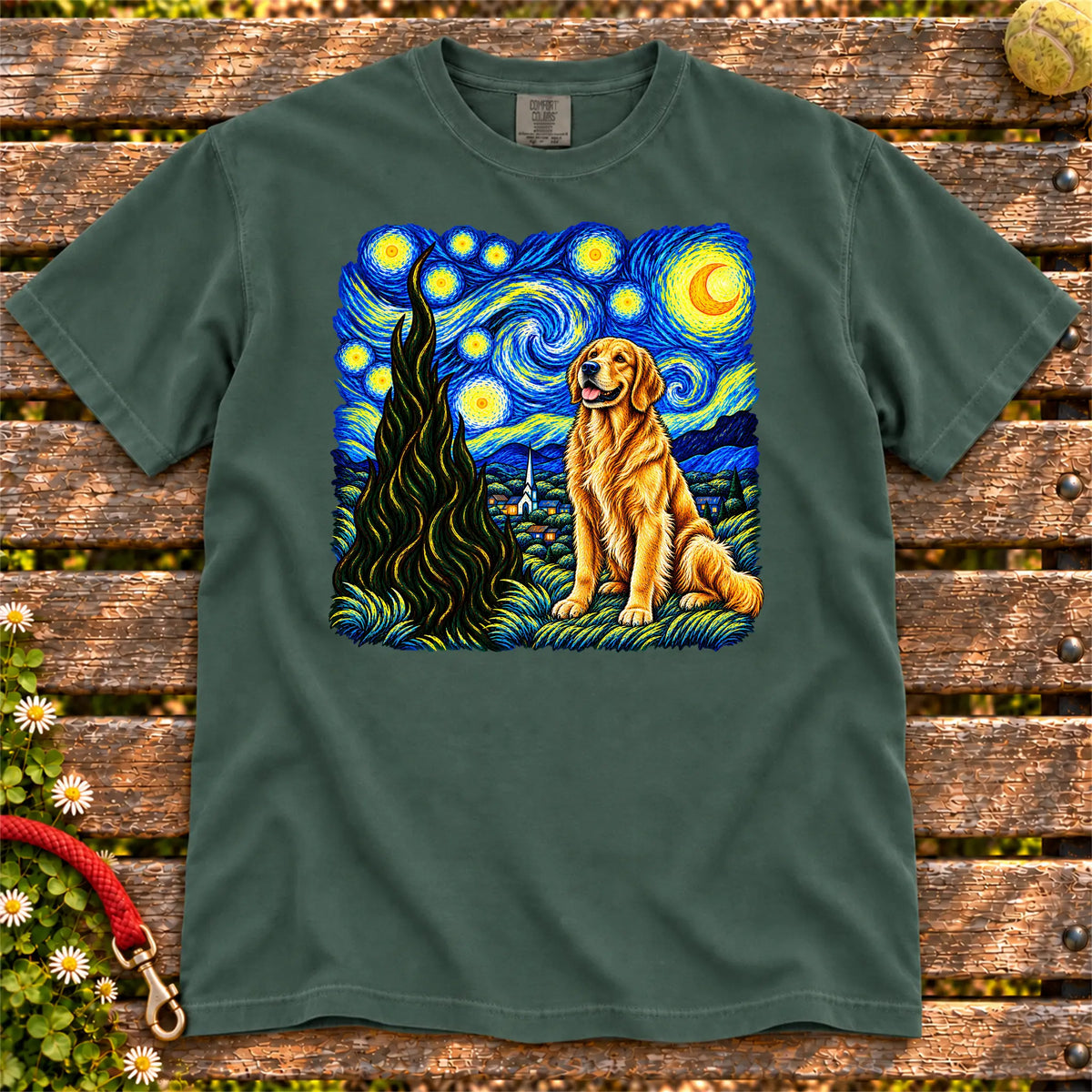 Colorful Golden Retriever beneath a swirling starry night sky on a Blue Spruce T-shirt